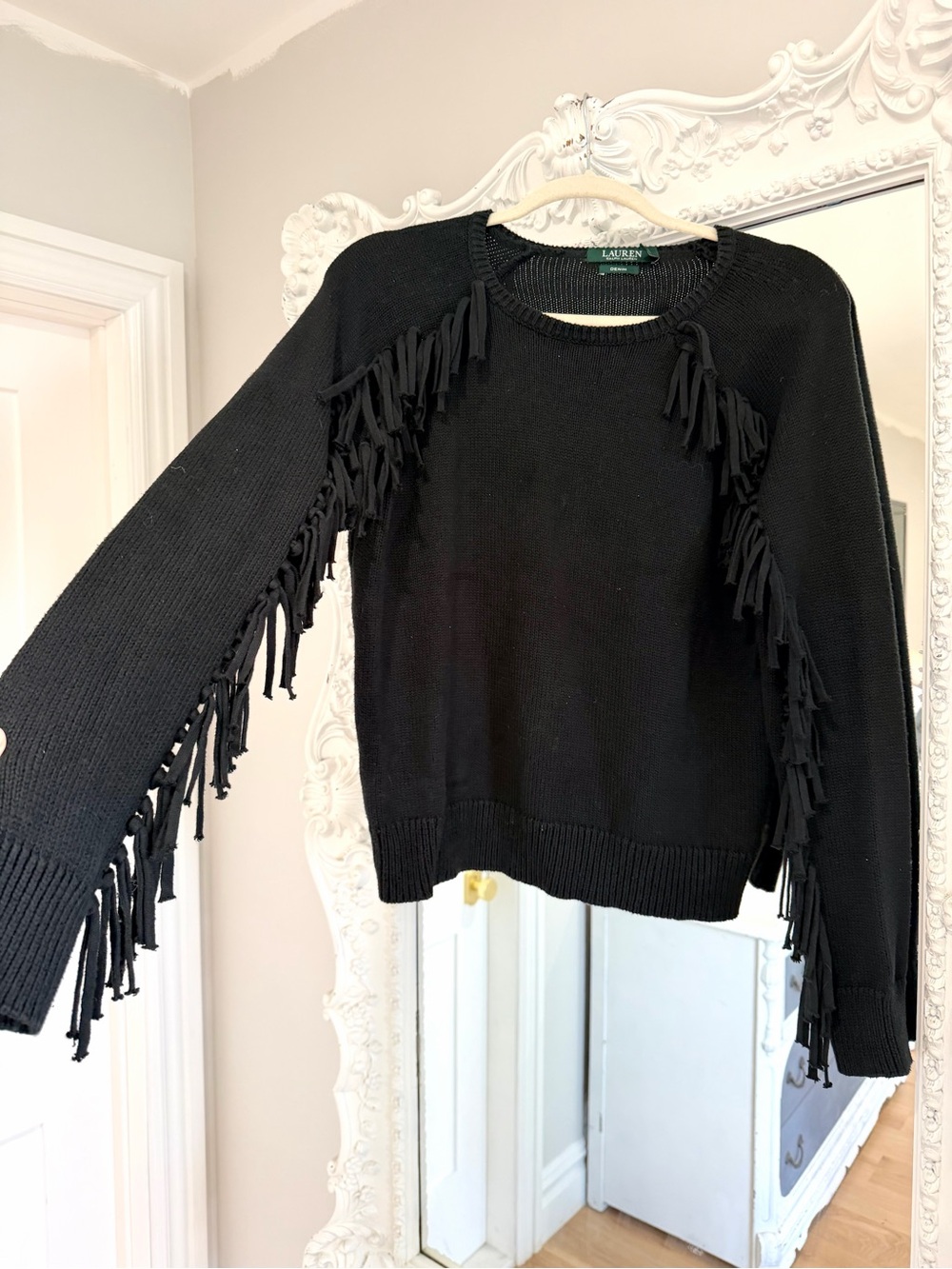 Ralph Lauren Brygida Black Fringe Crewneck Sweater